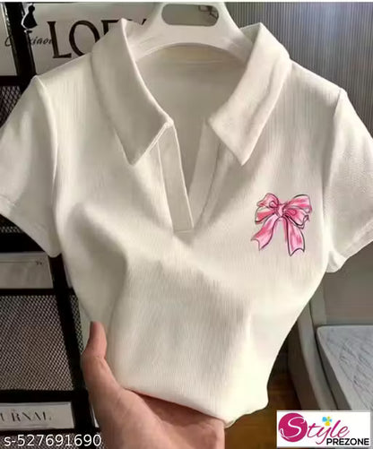 Stylish Half Sleeves Sticker Printed Collar Top And Tunics