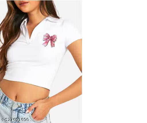 Stylish Half Sleeves Sticker Printed Collar Top And Tunics
