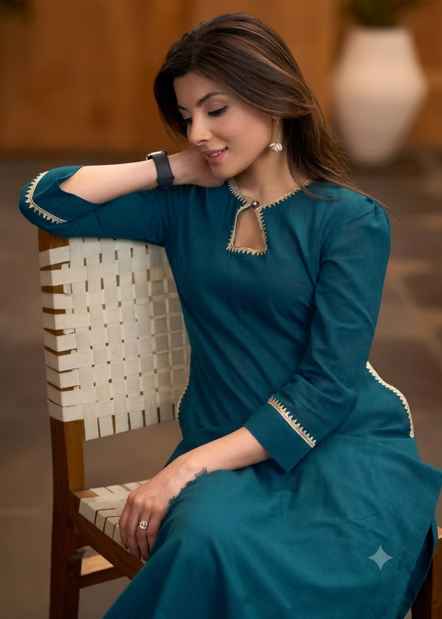 Teal Cotton Kurta with Lace Detailing & Pant Set – Women Ethnic Wear | Comfortable Daily & Festive Outfit