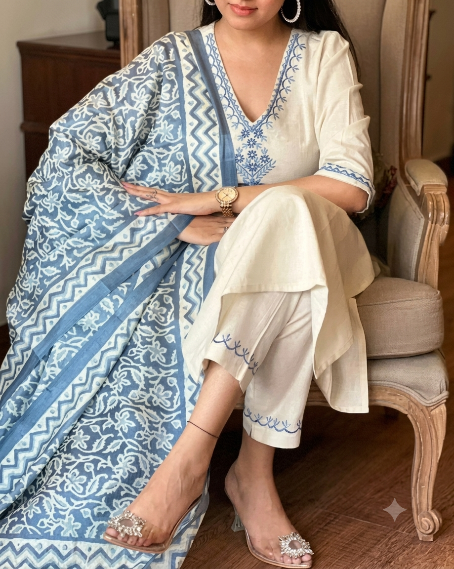 women ethenic cotton kurta pant and dupatta set