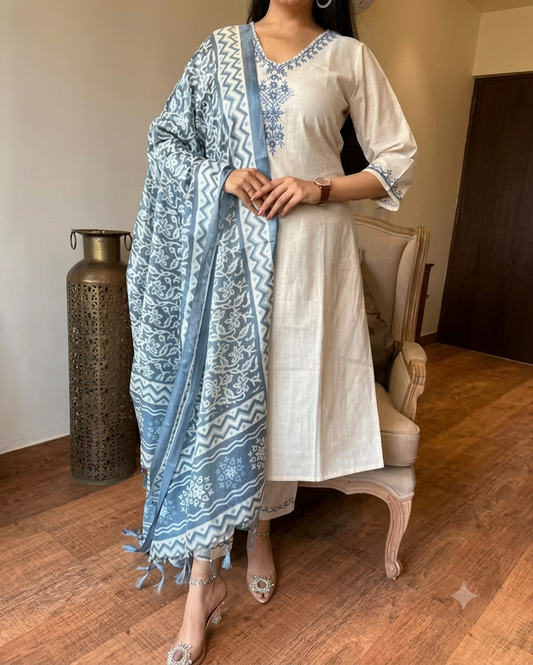 women ethenic cotton kurta pant and dupatta set